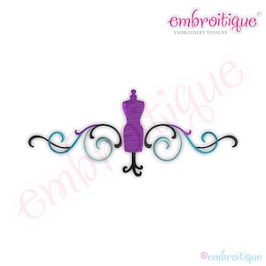 May include: A purple dress form with a black stand, centered on a decorative scroll design with black, blue, and teal swirls.