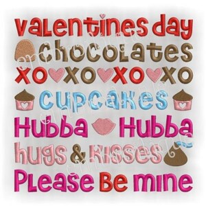 Puede incluir: Un diseño de bordado con temática del Día de San Valentín con el texto "valentines day chocolates xoxo cupcakes hubba hubba hugs & kisses please be mine".