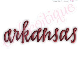 May include: Embroidered design of the word "Arkansas" in a cursive font, with a red color.