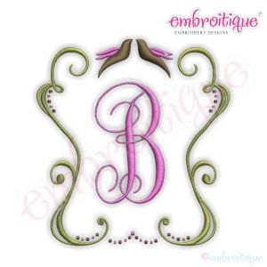 May include: A monogram design featuring a pink letter B surrounded by a green, leafy frame with two brown birds at the top.