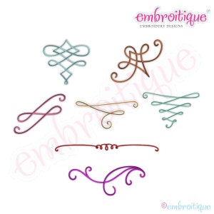 May include: A set of eight decorative embroidery designs featuring swirls, flourishes, and lines in various colors, including teal, brown, gold, red, and purple.