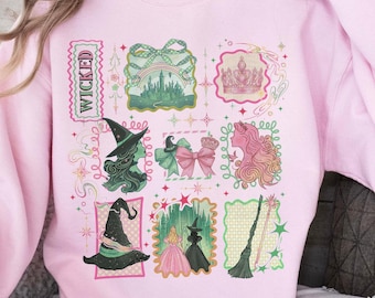 Retro Wicked Stamps Sweatshirt, Defying Gravity Broomstick Magic Wand Sweater, Pink Green Elphaba Glinda Shirt, Wizard Movie Fan TShirt