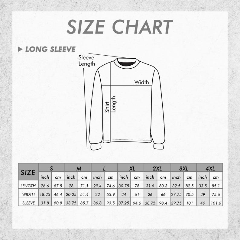Puede incluir: Tabla de tallas para camisas de manga larga con medidas en pulgadas y cent&iacute;metros. Las tallas van de la S a la 4XL. Se proporcionan medidas para la longitud, el ancho y la longitud de la manga.
