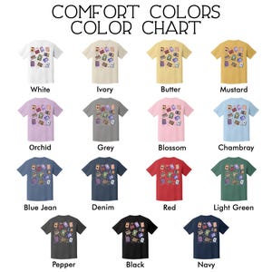 May include: A color chart of Comfort Colors t-shirts in various shades, including white, ivory, butter, mustard, orchid, grey, blossom, chambray, blue jean, denim, red, light green, pepper, black, and navy. Each shirt features a graphic design.