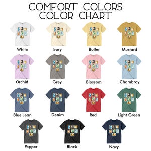 May include: A color chart displays various Comfort Colors t-shirts in different hues. The shirts are arranged in rows and columns, showcasing colors like white, ivory, butter, mustard, orchid, grey, blossom, chambray, blue jean, denim, red, light green, pepper, black, and navy.