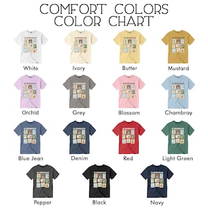 May include: A color chart displays various t-shirt colors, including white, ivory, butter, mustard, orchid, grey, blossom, chambray, blue jean, denim, red, light green, pepper, black, and navy. Each shirt features a graphic and the text "IN MEMORIAM".