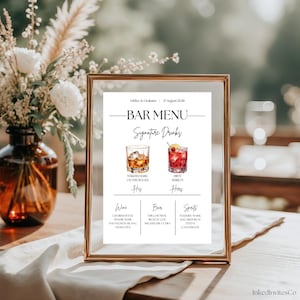 Menu drinków na wesele lub specjalne wydarzenie, konfigurowalne cyfrowe menu drinków do pobrania, szablon Canva, opcja ponad 80 opcji drinków do personalizacji