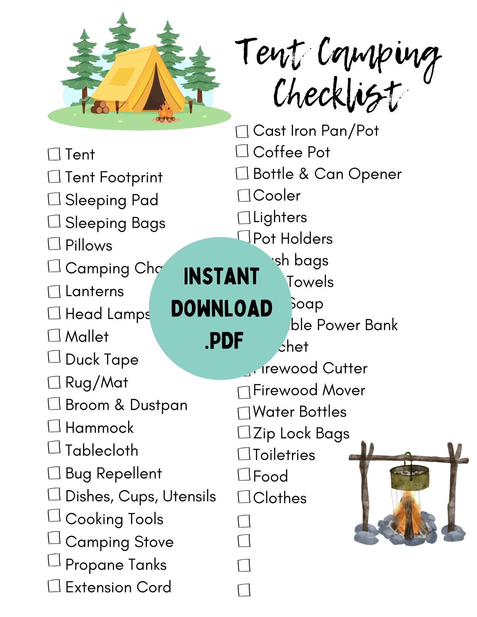 Camping Checklist for Tent Camping Printable Camping Planner Instant