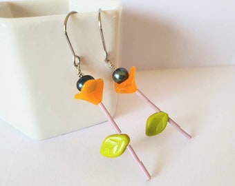 Unique Multicolored Flower Earrings • Bright Colored Earrings • Earrings For Summer • Black Pearl • Abstract Floral Jewelry •