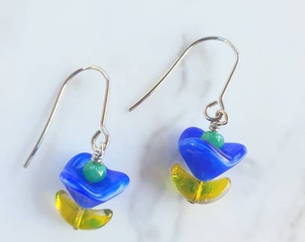 Blue & Turquoise Flower Earrings • Small Dangle Earrings • Glass Beaded Earrings •
