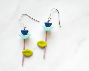 Blue Flower Earrings • Handmade Colorful Earrings • Glass Beaded Earrings •