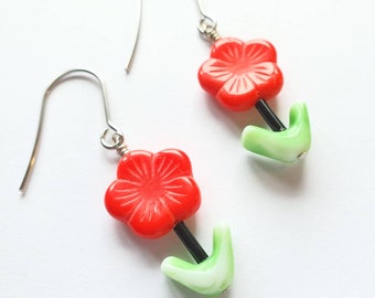 Red Flower Earrings • Handmade Earrings Vintage Beads • Hibiscus Earrings •