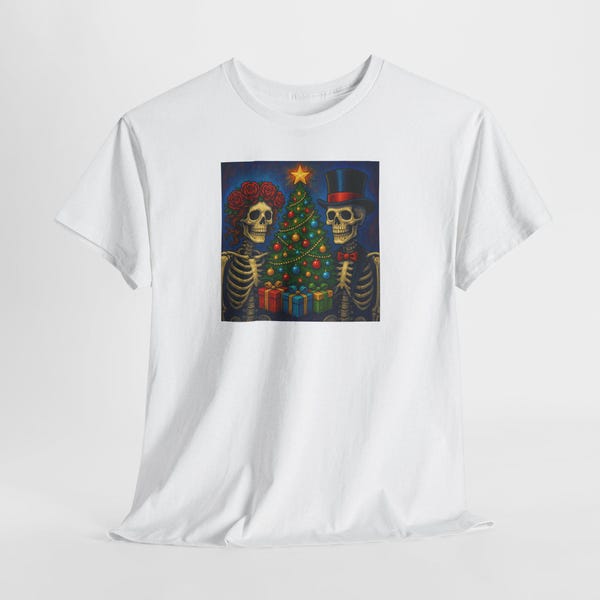 Christmas Skeletons Unisex Tee Shirt, Holiday Grateful Dead T-Shirt, Festive Skulls Tee, Xmas Tree Top, Winter Bones Shirt