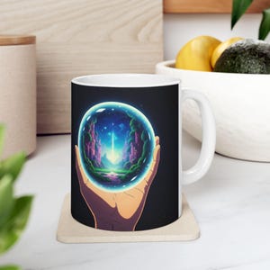 May include: A white ceramic mug with a black background featuring a hand holding a glowing orb. Inside the orb is a colourful landscape with a rocket ship launching into a starry sky.