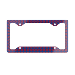 Peut inclure: Un cadre de plaque d'immatriculation bleu avec un motif répétitif de cercles rouges. Le cadre a quatre trous de montage et une forme rectangulaire, conçu pour une plaque d'immatriculation standard.