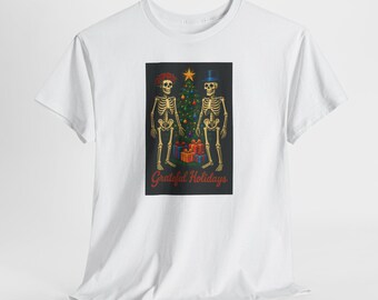 Christmas Skeletons Unisex Tee Shirt, Holiday Grateful Dead T-Shirt, Festive Skulls Tee, Xmas Tree Top, Winter Bones Shirt