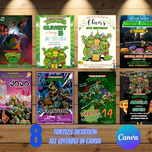 Plus de 7 modèles d'invitation d'anniversaire modifiables pour tortues Ninja, modèle d'invitation de fête d'anniversaire imprimable pour enfants, carte d'anniversaire tortues