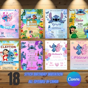 Más de 17 plantillas de invitación de cumpleaños editables de Stitch, invitación imprimible para fiesta de cumpleaños, plantilla de invitación para fiesta infantil, tarjeta de cumpleaños de Stitch