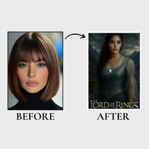 Peut inclure: Comparaison d'images : un portrait de femme, &eacute;tiquet&eacute; &laquo; AVANT &raquo;, se transforme en une illustration fantastique, &eacute;tiquet&eacute;e &laquo; APR&Egrave;S &raquo;. L'image &laquo; APR&Egrave;S &raquo; montre une femme en robe turquoise avec le texte &laquo; The Lord of the Rings &raquo;.