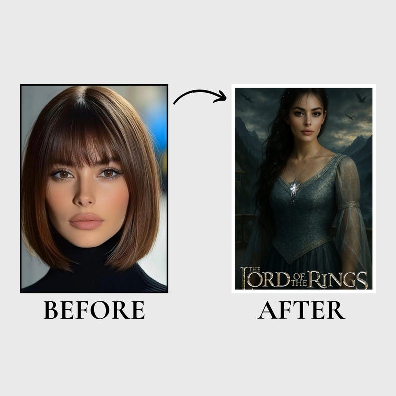 Peut inclure: Comparaison d'images : un portrait de femme, &eacute;tiquet&eacute; &laquo; AVANT &raquo;, se transforme en une illustration fantastique, &eacute;tiquet&eacute;e &laquo; APR&Egrave;S &raquo;. L'image &laquo; APR&Egrave;S &raquo; montre une femme en robe turquoise avec le texte &laquo; The Lord of the Rings &raquo;.