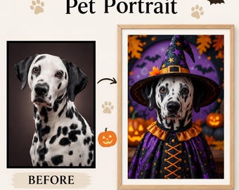 Anpassat Halloween-husdjursporträtt: Spöklik häxkostym (digital nedladdning)