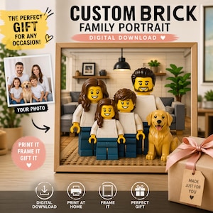 May include: A custom brick family portrait, digitally downloadable, featuring a family of four and a golden retriever dog. The image includes a gift box with a bow and the text "Made Just For You."