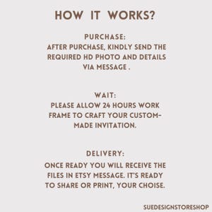 Peut inclure: Graphique beige avec le texte &laquo;&nbsp;HOW IT WORKS&nbsp;?&nbsp;&raquo; et des instructions pour l'achat d'une invitation personnalis&eacute;e. Les &eacute;tapes comprennent l'envoi d'une photo, l'attente de 24 heures et la r&eacute;ception des fichiers via le message Etsy. Le nom de la boutique est SuedesignstoreShop.