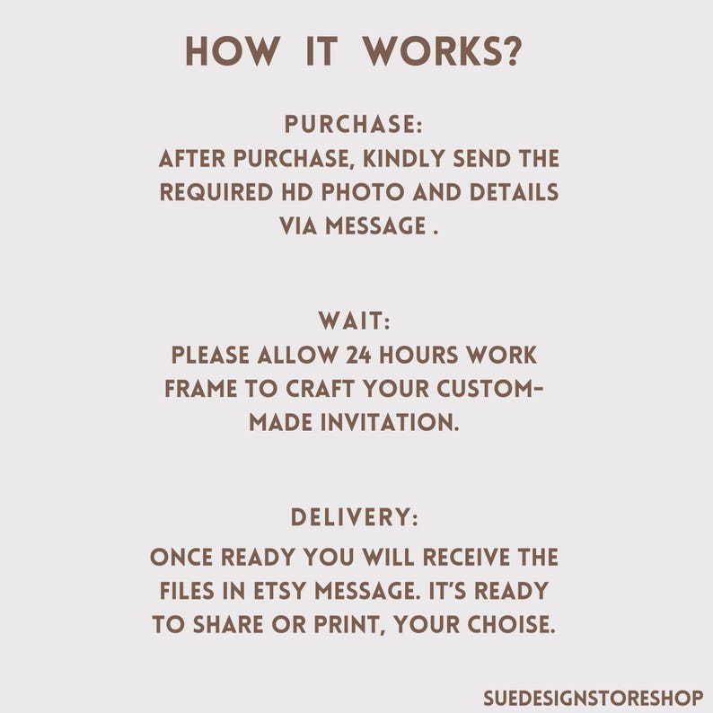 Peut inclure: Graphique beige avec le texte &laquo;&nbsp;HOW IT WORKS&nbsp;?&nbsp;&raquo; et des instructions pour l'achat d'une invitation personnalis&eacute;e. Les &eacute;tapes comprennent l'envoi d'une photo, l'attente de 24 heures et la r&eacute;ception des fichiers via le message Etsy. Le nom de la boutique est SuedesignstoreShop.