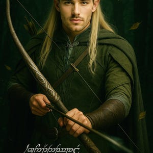 Peut inclure: Un personnage v&ecirc;tu en elfe du Seigneur des Anneaux, tenant un arc et une fl&egrave;che. La personne a de longs cheveux blonds, des oreilles pointues et porte une tunique et une cape vertes. Le logo du Seigneur des Anneaux est en bas.