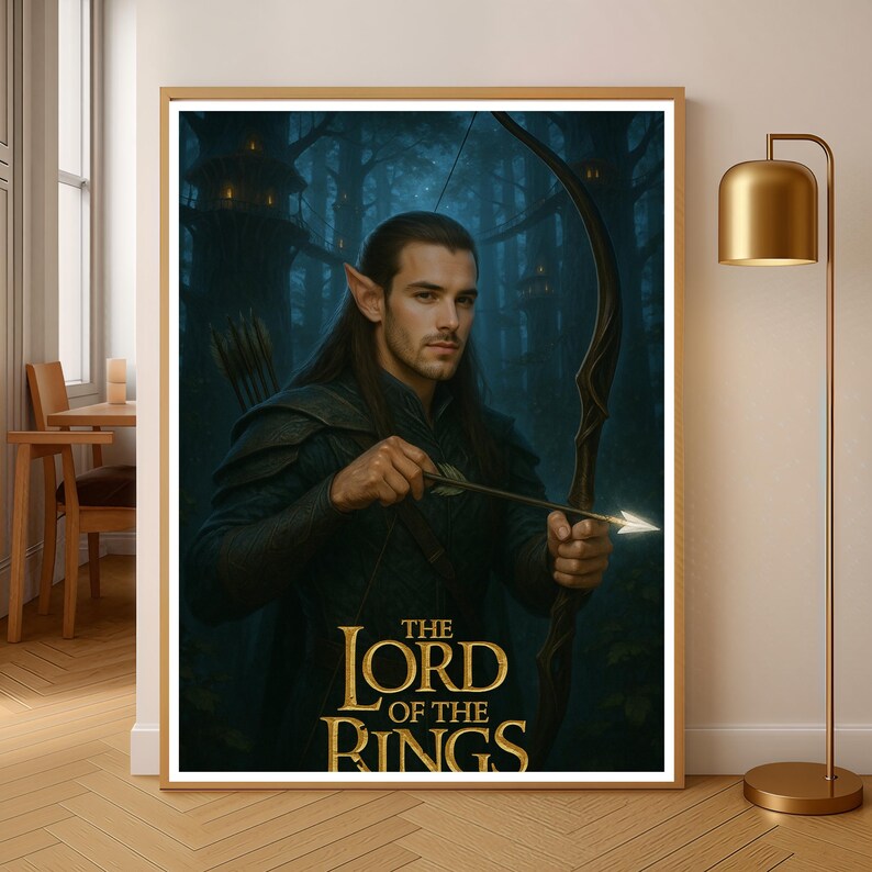 Peut inclure: Une affiche encadr&eacute;e repr&eacute;sentant un homme d&eacute;guis&eacute; en elfe de "Le Seigneur des Anneaux". Il tient un arc et une fl&egrave;che, sur fond de for&ecirc;t sombre. Le titre "THE LORD OF THE RINGS" est affich&eacute; en lettres dor&eacute;es.
