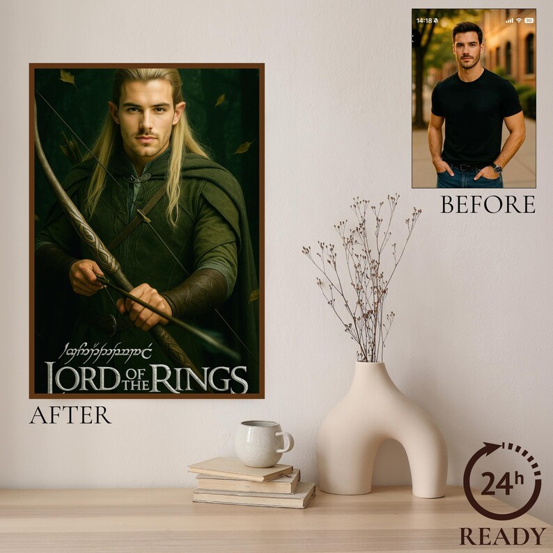Peut inclure: Une affiche encadr&eacute;e repr&eacute;sentant un personnage du "Seigneur des Anneaux" tenant un arc et une fl&egrave;che. L'affiche a un cadre marron et le texte "Lord of the Rings" en bas. L'image est affich&eacute;e &agrave; c&ocirc;t&eacute; d'une photo d'un homme en chemise noire.
