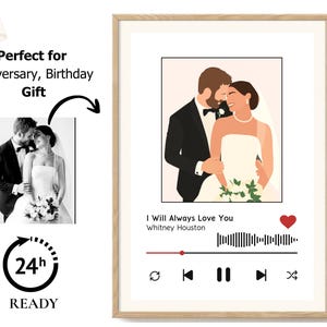 Custom Watercolor Couple Portrait with Spotify Code Digital Download, Valentines Personalized Cartoon Gift