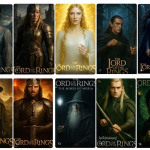 Peut inclure: Une collection de couvertures de livres de la s&eacute;rie "Le Seigneur des Anneaux". Les couvertures pr&eacute;sentent des portraits de personnages et le titre de la s&eacute;rie. La palette de couleurs comprend des verts, des bleus, des ors et des bruns. Les couvertures sont dispos&eacute;es en grille.