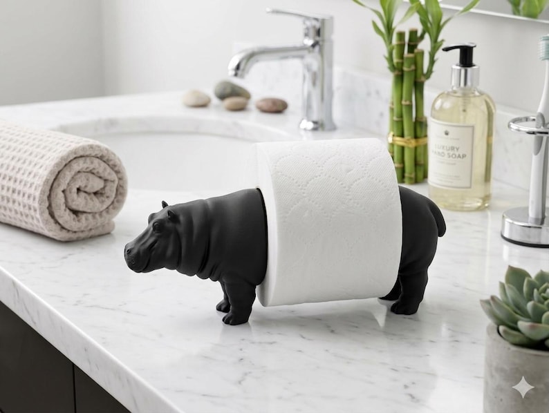 May include: A matte black hippopotamus-shaped toilet paper holder. The sculpture features a realistic hippo form with a smooth finish, designed to hold a standard roll of white toilet paper around its midsection, standing on four sturdy legs.