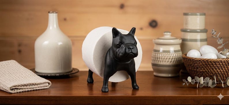 May include: A matte black French bulldog figurine designed as a toilet paper holder. The dog stands on four legs with a cylindrical body shape that supports a standard roll of white toilet paper positioned between its front and back legs.
