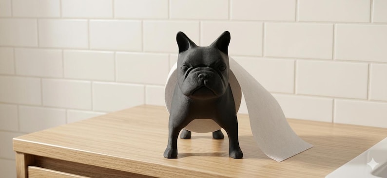 May include: A matte black French bulldog figurine designed as a toilet paper holder. The dog stands in a forward-facing position with a roll of white toilet paper positioned around its midsection, extending out to the right side of the figure.