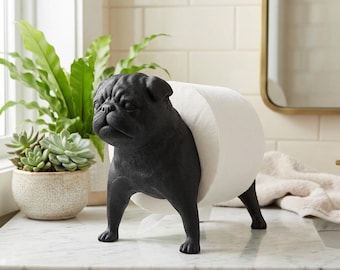 Pug Toilet Paper Holder, Black Dog Bathroom Decor, Funny Dog Lover Gift