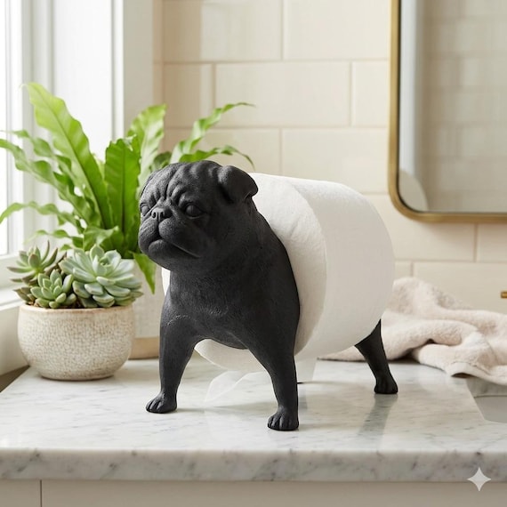 Pug Toilet Paper Holder, Black Dog Bathroom Decor, Funny Dog Lover Gift