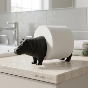 May include: A matte black hippo-shaped toilet paper holder with a smooth finish. The hippo figure is designed to support a standard roll of white toilet paper around its midsection. The base of the figure features the text HIPPO HOLDERS.