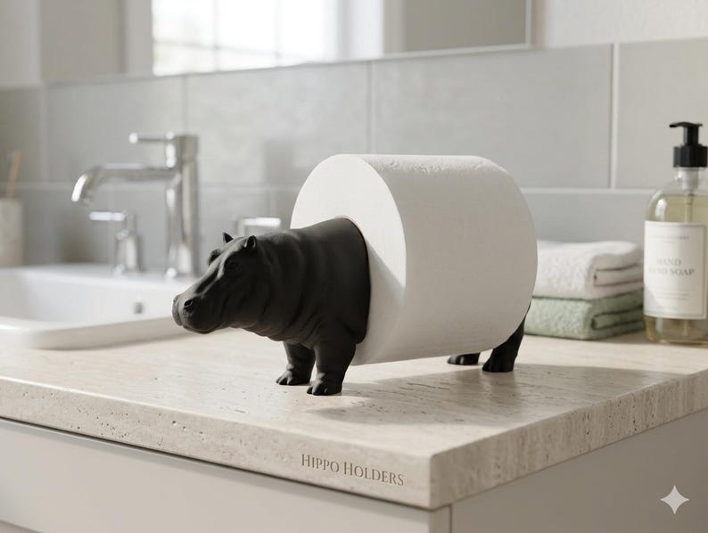 May include: A matte black hippo-shaped toilet paper holder with a smooth finish. The hippo figure is designed to support a standard roll of white toilet paper around its midsection. The base of the figure features the text HIPPO HOLDERS.
