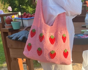 Strawberry Crochet Tote Bag – Pink Handmade Summer Fruit Bag – Gift For Her