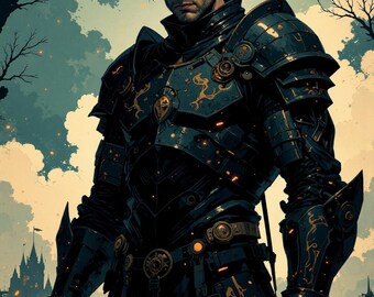 May include: A man in dark armor with gold accents stands in front of a cityscape. He has a serious expression on his face and a scar on his cheek.