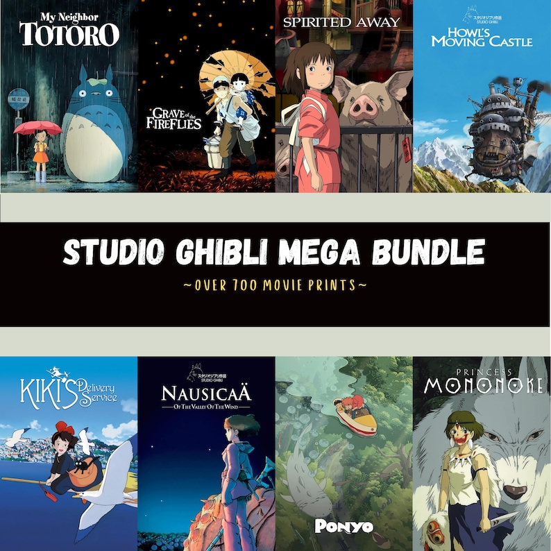 Op de afbeelding: Een collage van filmposters met personages uit Studio Ghibli-films, waaronder Totoro, Spirited Away,  Het bewegende kasteel,  Kiki's bezorgservice,  Nausica&auml; van de vallei der winden,  Ponyo  en  Prinses Mononoke. De tekst "Studio Ghibli Mega Bundle - Over 700 Movie Prints" staat onderaan de collage.