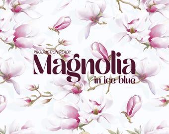 May include: A digital pattern featuring watercolour magnolia flowers in shades of pink and white against an ice blue background. The text reads PRODUCTION READY Magnolia in ice blue, with technical specifications TIFF/CMYK | JPG/RGB, 300 dpi, 50.8x50.8 cm.