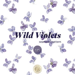 May include: A seamless pattern of watercolour wild violets in shades of purple and lavender on a white background. The text "Wild Violets" and "seamless pattern" are also present.