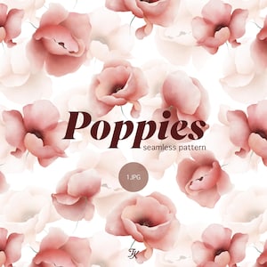 May include: A seamless pattern of watercolour poppies in pink and peach hues on a white backdrop. The words "Poppies" and "seamless pattern" are displayed in a dark brown font.