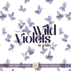 May include: A white background with scattered watercolor illustrations of purple wild violets. The text "Wild Violets in white" is displayed in dark purple. The image is 20x20 inches.