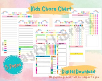 May include: Printable chore chart for kids with a rainbow theme. The chart includes sections for daily chores, weekly chores, and rewards. The text on the chart says "Kids Chore Chart" and "5 Pages".