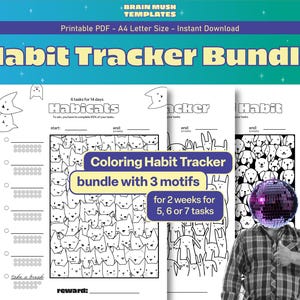 Habit Tracker Bundle with 3 motifs - Coloring Tracker for 2 weeks and 5, 6 or 7 tasks - Gamified Planner - Reward Chart - Executive Function