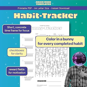 Kawaii Habit Tracker for 2 weeks - Color in a bunny - ADHD Planner gamified - Digital Download -  Printable Planner for Mental Health